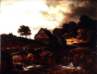 Paisagem arborizada com camponês em uma ponte sobre uma torrente de Jacob I. van (follower of) Ruisdael