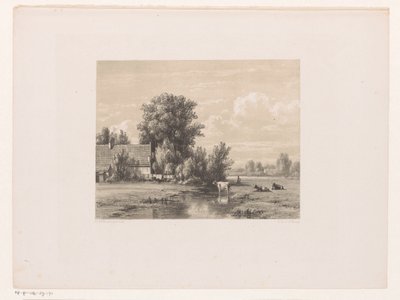 Paisagem com a quinta e a vaca na água de Jacob Jan van der Maaten