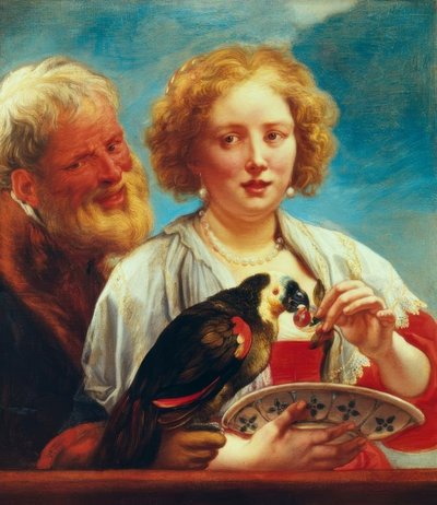 Uma jovem mulher com um homem velho e um papagaio de Jacob Jordaens
