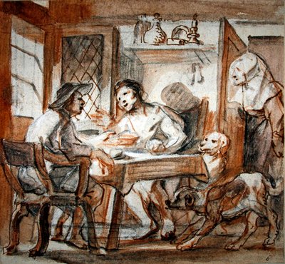 Esau vendendo o seu direito de nascimento a Jacob (giz preto e vermelho, caneta e tinta castanha, lavagem castanha, aumentada com branco) de Jacob Jordaens