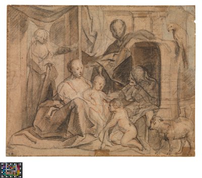 Alemão: The Holy Family with Elisabeth and St John the Baptist (back: door, doorway and Hermes)
Neerlandês: De Heilige Familie met Elisabeth en de kleine Johannes (keerzijde: Deur, deuropening en Hermes) de Jacob Jordaens