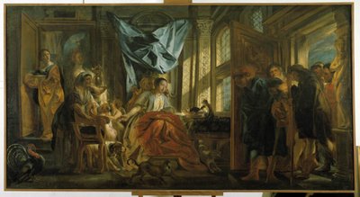 Penélope. A esposa de Ulisses à espera do marido repele os avanços de seus pretendentes e continua sua tapeçaria. pintura de Jacob Jordaens (1593-1678). Musee Granet, Aix en Provence. de Jacob Jordaens