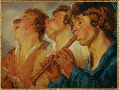 Três músicos errantes, dois cantando, um terceiro tocando ... (pintura sobre madeira) de Jacob Jordaens
