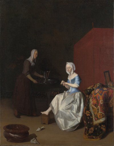 Uma jovem senhora aparando as unhas, atendida por uma serva, c. 1670 de Jacob Lucasz. Ochtervelt
