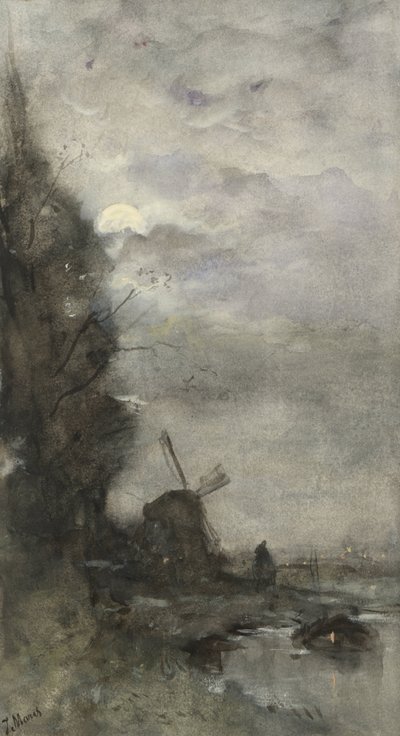 Paisagem com moinho ao luar de Jacob Maris