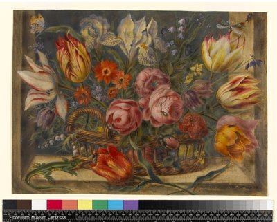 Estudo de flores: flores sortidas em uma cesta, com insetos e um lagarto em um cenário de janela, 1634 de Jacob Marrel
