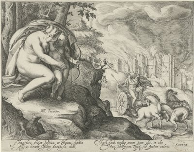 Vênus encoraja Cupido a atirar uma flecha em Plutão de Jacob Matham (attributed to)
