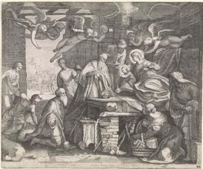 Adoração dos reis com anjos de Jacob Matham (workshop of)