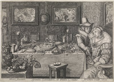 Casal jovem sentado a uma mesa em carga luxuosa de Jacob Matham (workshop of)