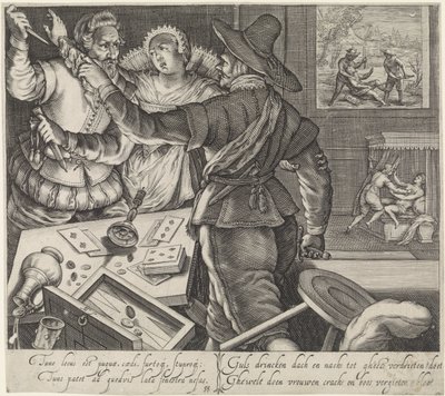 Jogadores de cartas a lutar com armas desenhadas
Lutar num bordel
As consequências da embriaguez (título da série) de Jacob Matham