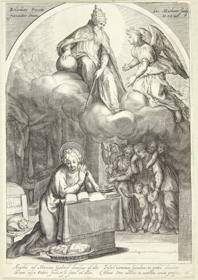 O Senhor e Gabriel encontram a Anunciação, Maria ajoelhada abaixo de Jacob Matham