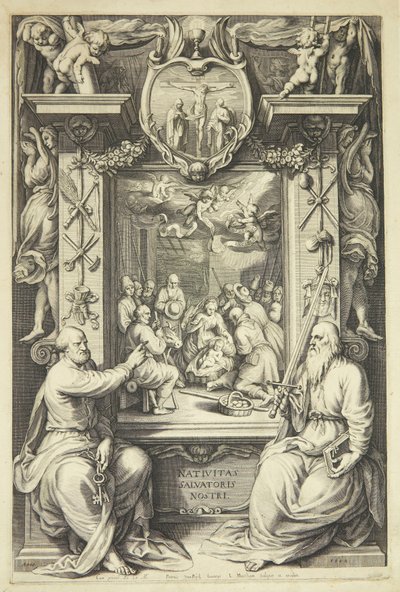 Adoração dos pastores com Pedro e Paulo em quadro alegórico de Jacob Matham