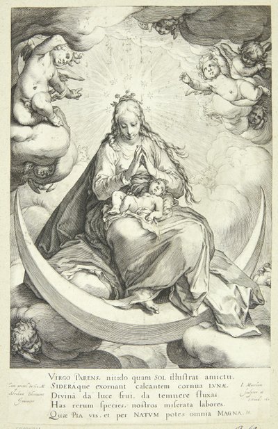 Virgem Maria com o menino Jesus no selo crescente, cercado por anjos de Jacob Matham