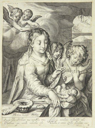 Virgem Maria com criança cercada por anjos de Jacob Matham