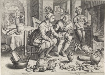 Peça de cozinha com frango no espeto Cenas de cozinha e mercado com cenas bíblicas (título da série) de Jacob Matham