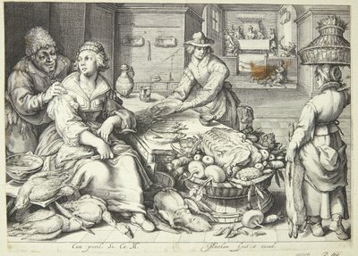 Cena de cozinha com uma senhora de cozinha colhendo aves de Jacob Matham