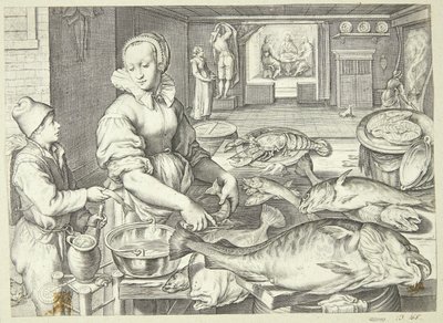 Cena de cozinha com uma senhora de cozinha limpando peixe de Jacob Matham