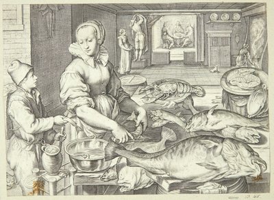 Cena de cozinha com uma senhora de cozinha limpando peixe de Jacob Matham