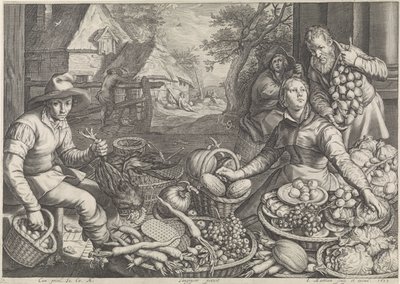 Cena do mercado e a calmaria no voo para o Egito Cenas de cozinha e mercado com cenas bíblicas (título da série) de Jacob Matham