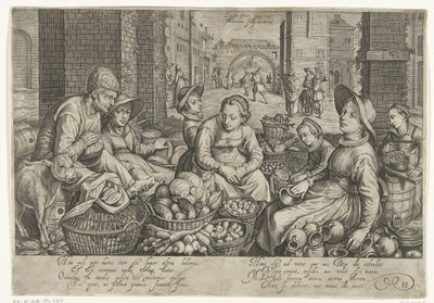 Cena do mercado com a parábola dos trabalhadores da vinha ao fundo, c. 1600 de Jacob Matham