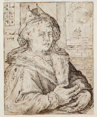 Retrato de um homem com chapéu e manto com abas de pele, de frente para h. T.h. através de uma janela que abre vista para outros quartos de Jacob Matham