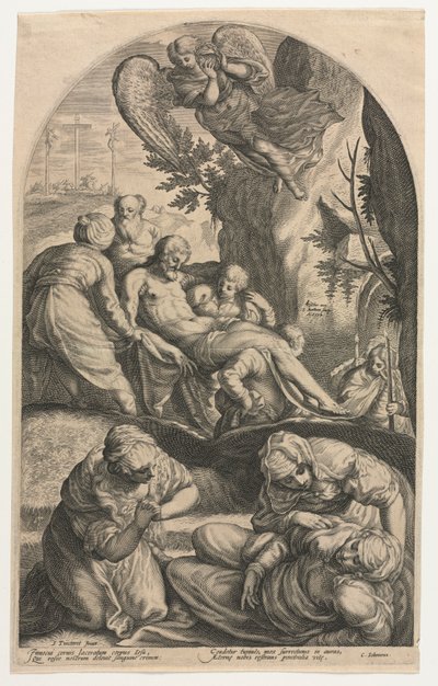 Os discípulos de Cristo carregando seu corpo para a tumba, 1594. de Jacob Matham