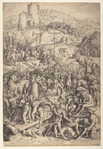 A zombaria, a flagelação e a crucificação de Cristo de Jacob Matham