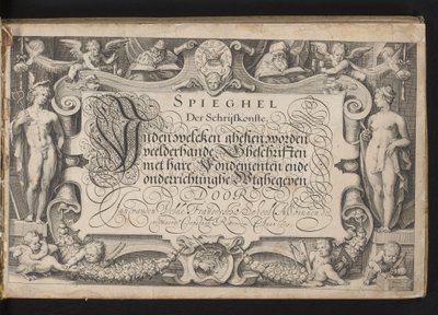 Impressão do título com moldura de borda alegórica e título caligrafado Espelho da arte da escrita, inden welcken ghesien, muitos tipos de escritos com seus fundamentos e educação são distribuídos (...) Rotterdam. Anno 1605 (título da série no objeto) de Jacob Matham