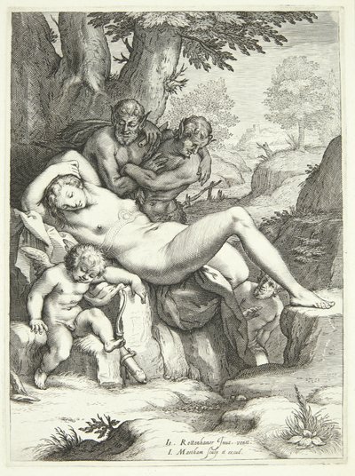 Vênus e Cupido dormem e são observados por sátiros de Jacob Matham