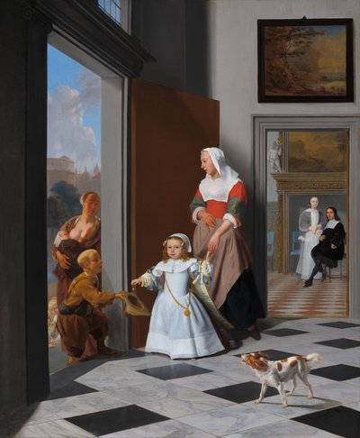 Uma enfermeira e uma criança em um elegante hall de entrada, 1663. de Jacob Lucasz Ochtervelt
