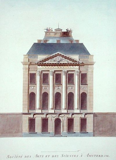 Sociedade das Artes e Ciências, Amsterdão, de "Choix des Monuments, Edifices et Maisons les plus remarquables du Royaume des Pays-Bas" de Pierre Jacques Goetghebuer, publicado em 1827 (aquatint) de Jacob Otten Husly