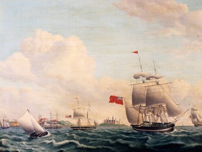 Navios navegando pelo Estreito de Oresund entre a Suécia e a Dinamarca com o Castelo de Kronborg ao fundo de Jacob Petersen