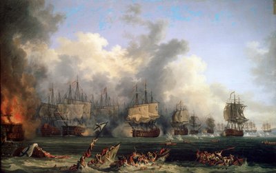 O naufrágio do navio de guerra russo St. Evstafius na batalha naval de Chesma, 1771. de Jacob Philipp Hackert