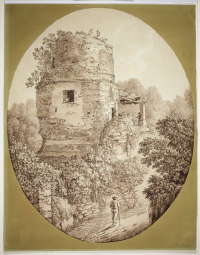 Torre com homem andando de Jacob Philipp Hackert