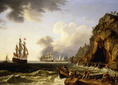 Uma vista da costa, perto de Nápoles, com um navio de três andares da Marinha Real britânica arvorando o pavilhão de um vice-almirante do vermelho, 1777 de Jacob Philippe Hackert