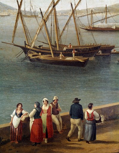 Grupos de pessoas no cais do porto de Gaeta (Gaete) (Pessoas no cais do porto de Gaeta) Detalhe - Pintura de Jacob Philipp Hackert dit Hackert d