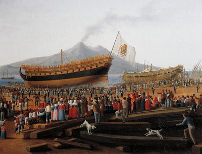 Lançamento do navio no estaleiro Castellammare di Stabia (óleo sobre tela) de Jacob Philippe Hackert