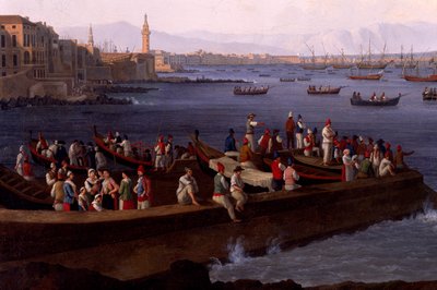 A Baía de Nápoles perto de Santa Lúcia mostrando as frotas navais que regressam de Argel de Jacob Philippe Hackert