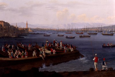 A Baía de Nápoles perto de Santa Lúcia mostrando as frotas navais que regressam de Argel de Jacob Philippe Hackert