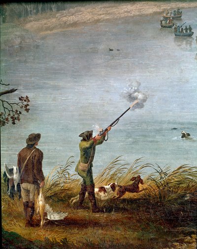 A Caça ao Galeirão de Ferdinando I das Duas Sicílias (ou Ferdinando IV de Nápoles) (1751-1825) no Lago Fusaro, perto de Nápoles, Itália (Ferdinando IV caçando Galeirão no Lago Fusaro) Detalhe - Pintura de Jacob Philipp Hackert dit Hackert d