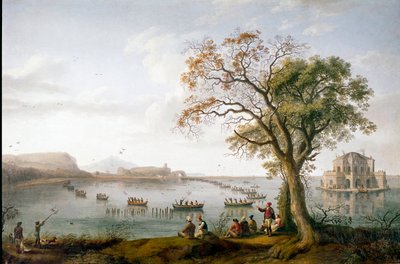 A caça ao galeirão de Ferdinand I das duas Sicílias no Lago Fusaro, perto de Nápoles, Itália de Jacob Philippe Hackert