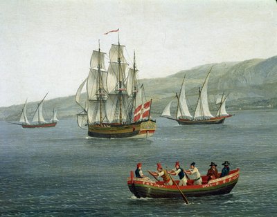 Vista de navios no Detroit de Messina, Reggio Calabria, Itália - (Navios na reta de Messina entre Reggio Calabria e Sicília) Pintura de Detalhe de Jacob Philipp Hackert dit Hackert d