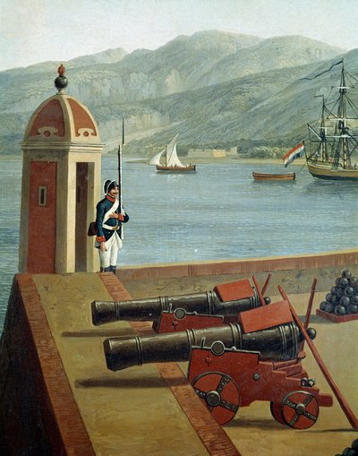 Vista das fortificações militares do porto de Reggio Calabria (Vista das fortificações militares de Reggio Calabria) Detalhe de um guarda e canhões (canhões e guarda) - Pintura de Jacob Philipp Hackert dit Hackert d