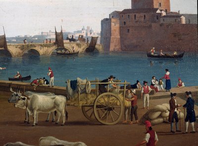 Vista do porto de Taranto (Taranto) na Itália no século XVIII Dockers no porto descarregando a mercadoria, carro puxado por bois - Pintura de Jacob Philipp Hackert dit Hackert d