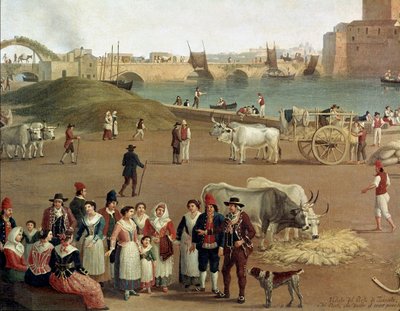 Vista sobre o porto de Taranto, detalhe das actividades comerciais, trabalhadores e pessoas em traje tradicional (Pintura de Jacob Philippe Hackert
