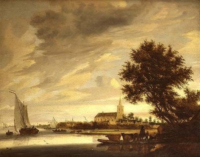 Uma paisagem fluvial com um ferry em primeiro plano de Jacob Salomonsz. (circle of) Ruysdael