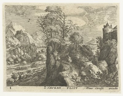 Paisagem com viajantes em uma rocha íngreme Seis paisagens com viajantes (título da série) de Jacob Savery (I)