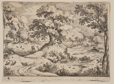 Caminho junto a um pântano: Cão de pastor e ovelha, de Paisagens de Jacob Savery I