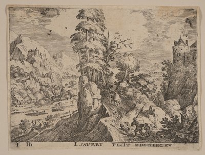 Caminho com viajantes à direita do rio, de Paisagens de Jacob Savery I