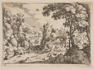 Riacho entre a encosta rochosa e o castelo, de Paisagens de Jacob Savery I